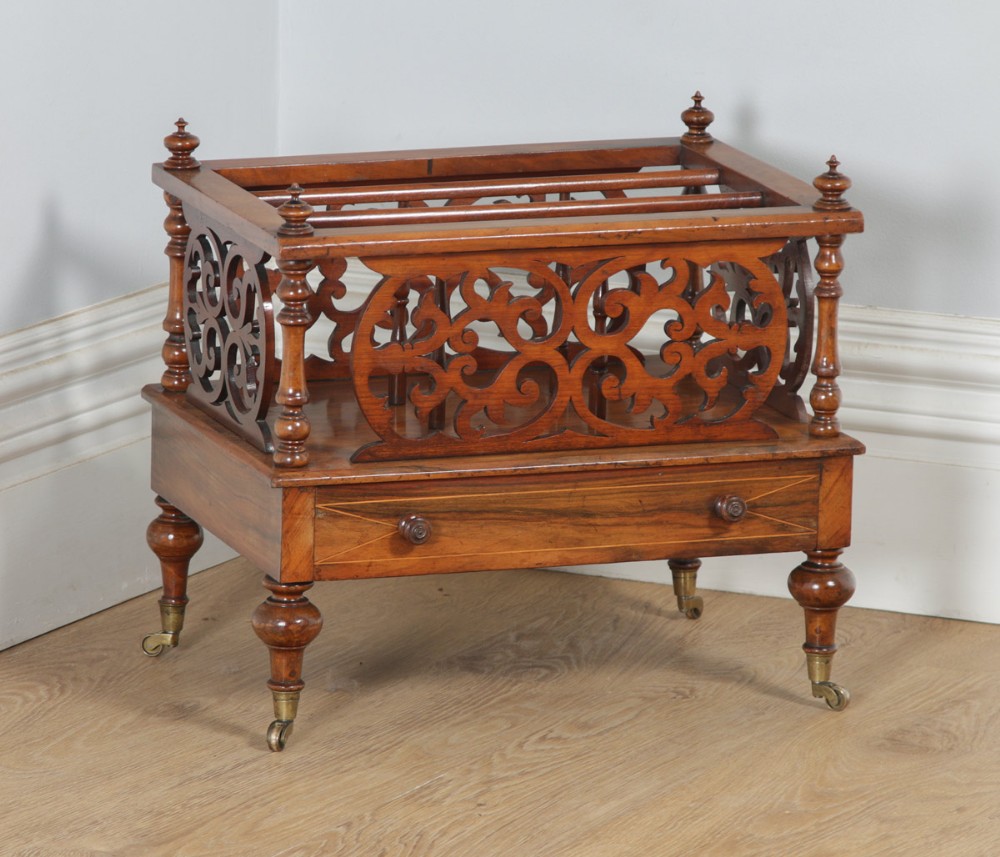 Antique English Victorian Rosewood Canterbury Fretwork & Inlaid Magazine Rack Tidy (Circa 1860)
