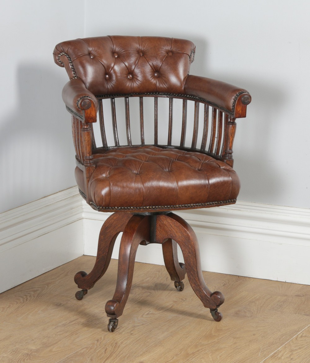 Antique English Victorian Oak & Tan Brown Leather Revolving Office Desk Arm Chair (Circa 1880)