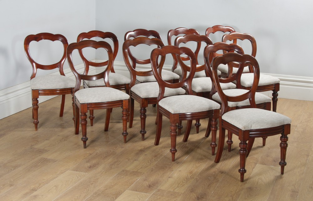 Antique English Victorian Set of 12 Twelve Mahogany Balloon Crown Back Dining Chairs (Circa 1860)