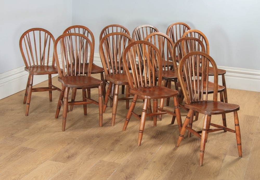 Antique English Set of 12 Twelve Victorian Ash, Beech & Elm Windsor Stick & Hoop Back Kitchen Dining Chairs (Circa 1900)
