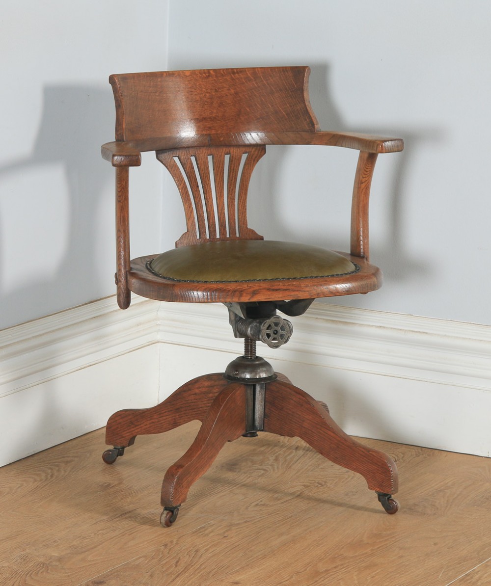 Antique English Edwardian Oak & Green Leather Revolving Office Desk Arm Chair (Circa 1910)