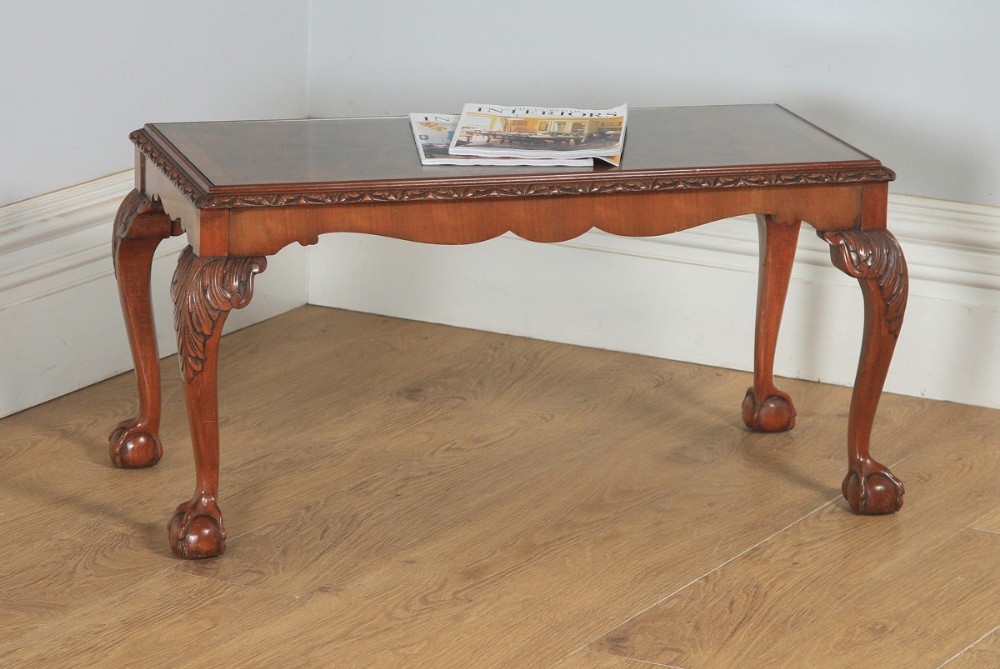 Antique English Queen Style Carved Burr Walnut & Glass Rectangular Coffee Table by Maple (Circa 1930)