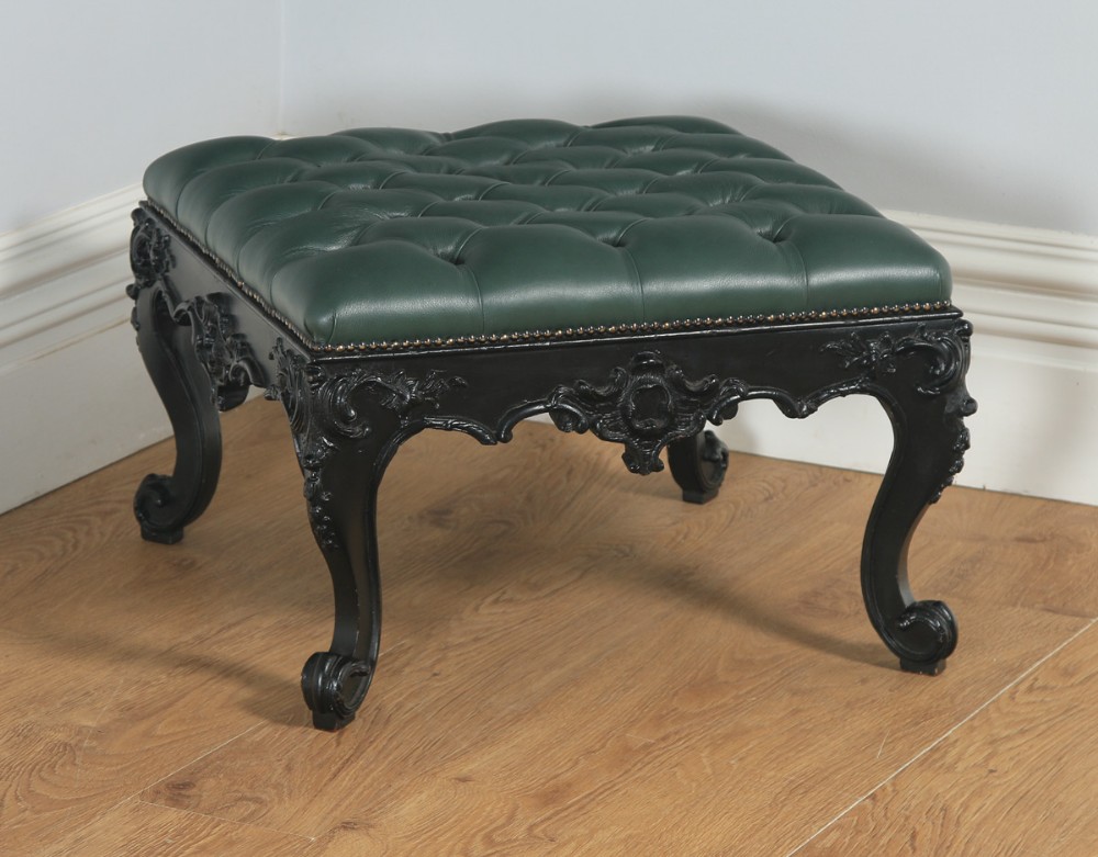 Antique English Victorian Mahogany Ebonised Carved Green Leather Stool (Circa 1900)