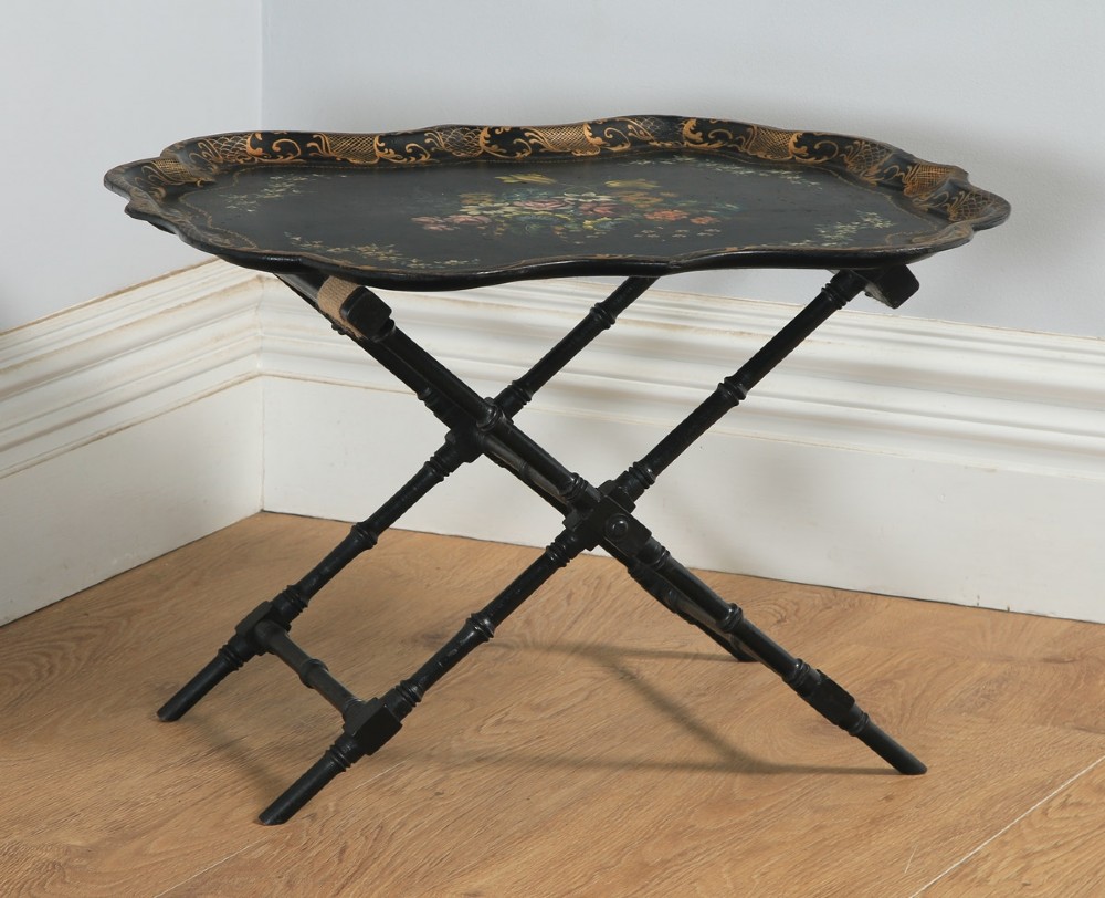 Antique English Victorian Black Ebonised Chinoiserie Papier Mâché Butlers Drinks Tray (Circa 1860)