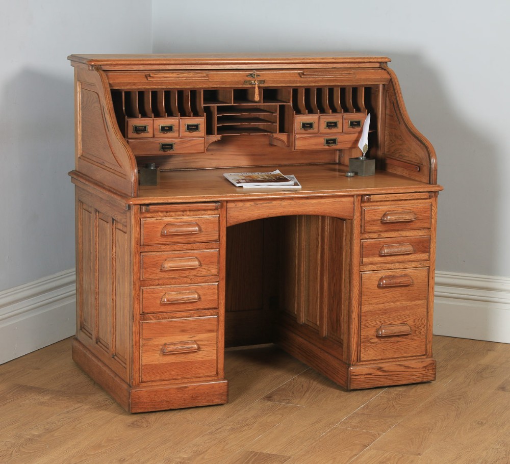 Antique English Edwardian Lebus 4ft 2” Oak Roll Top Pedestal Office Writing Desk (Circa 1910)