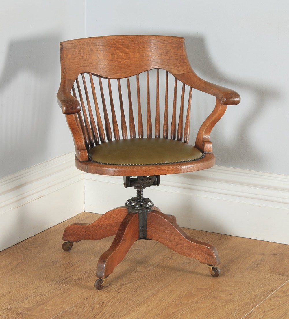 Antique English Edwardian Oak & Green Leather Revolving Swivel Office Desk Arm Chair (Circa 1910)
