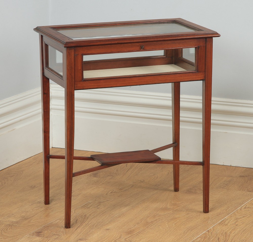 Antique Edwardian Mahogany & Satinwood Inlaid Glass Bijouterie Display Cabinet Table (Circa 1910)