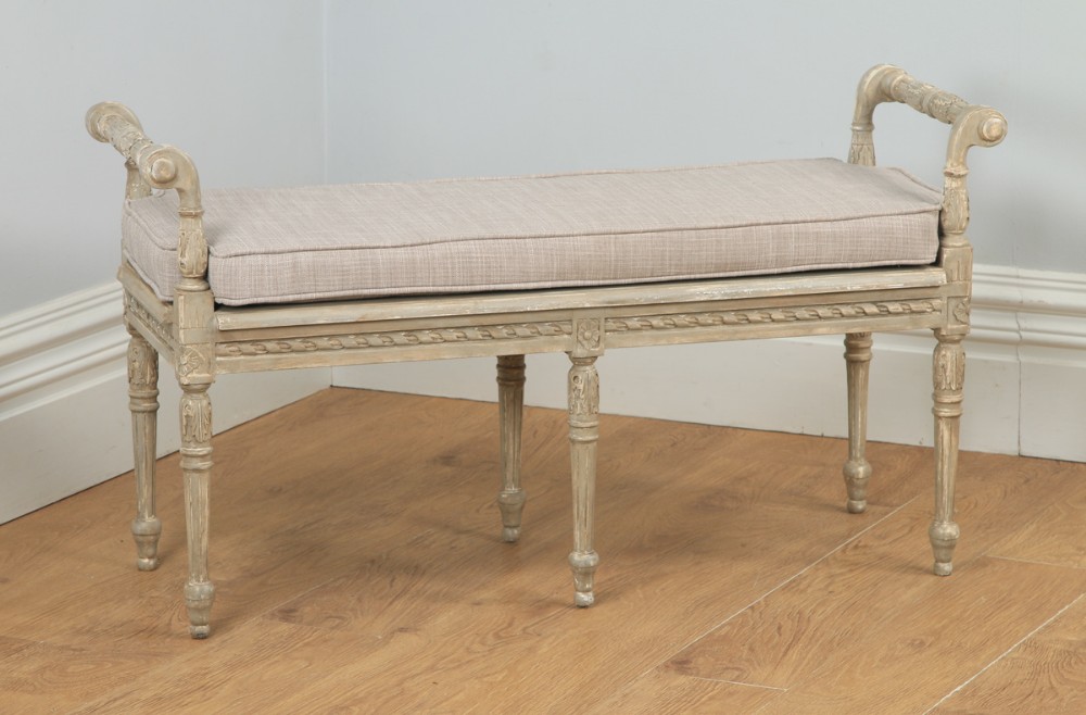 Antique French Louis XVI Style Beech Painted Upholstered Duet Window Stool Ottoman Seat (Circa 1930)