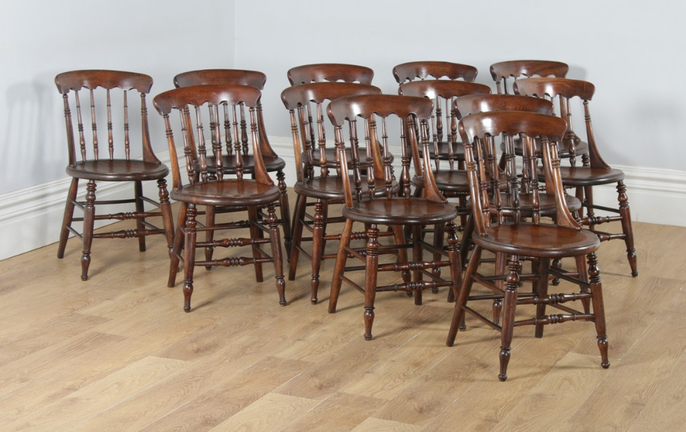 Antique English Set of Twelve 12 Victorian Ash & Elm Windsor Spindle Bar Back Kitchen Dining Chairs (Circa 1880)