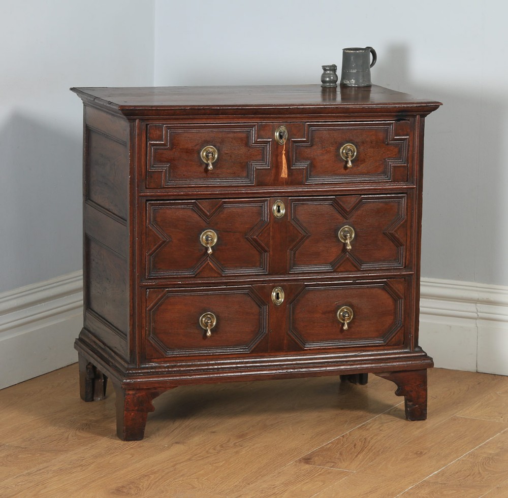 Small Antique English William & Mary 17th Century Oak Panelled Geometric Chest of Drawers (Circa 1690)