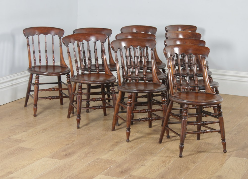 Antique English Set of Ten 10 Victorian Ash & Elm Windsor Spindle Bar Back Kitchen Dining Chairs (Circa 1880)
