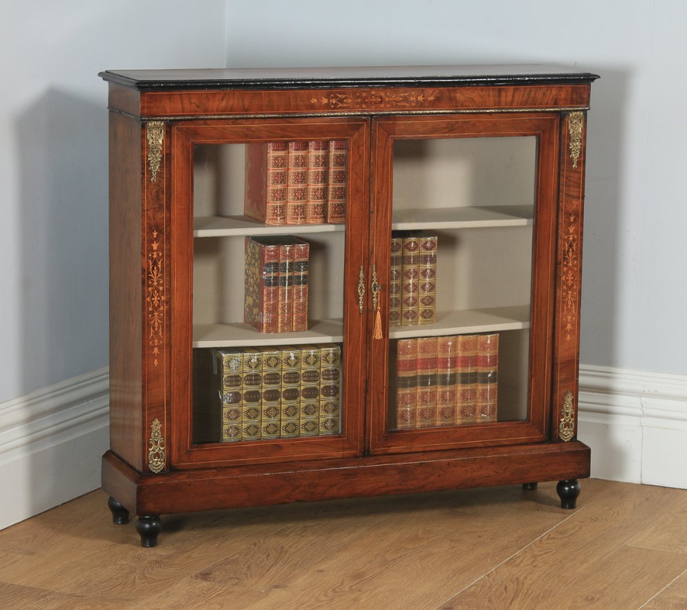 Antique English Victorian Figured Walnut Marquetry Inlaid Two Door Pier Glass Display Cabinet  (Circa 1870)