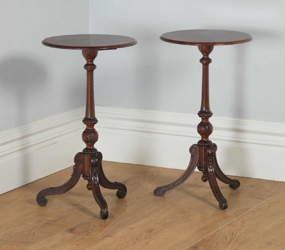 Antique English Victorian Pair of Burr Walnut & Birds Eye Maple Occasional Circular Tripod Wine Tables (Circa 1860)