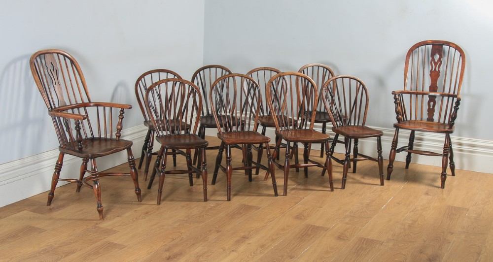 Antique English Set of 10 Ten Victorian Ash, Beech & Elm Windsor Stick & Hoop Back Kitchen Dining Chairs (Circa 1840)
