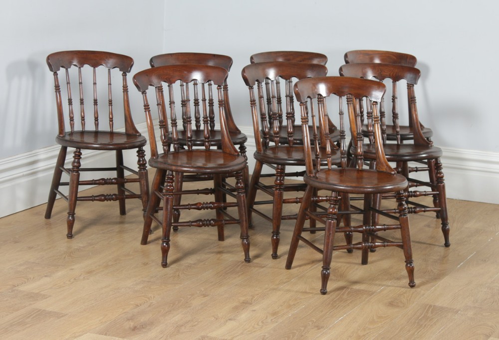 Antique English Set of 8 Eight Victorian Ash & Elm Windsor Spindle Bar Back Kitchen Dining Chairs (Circa 1880)