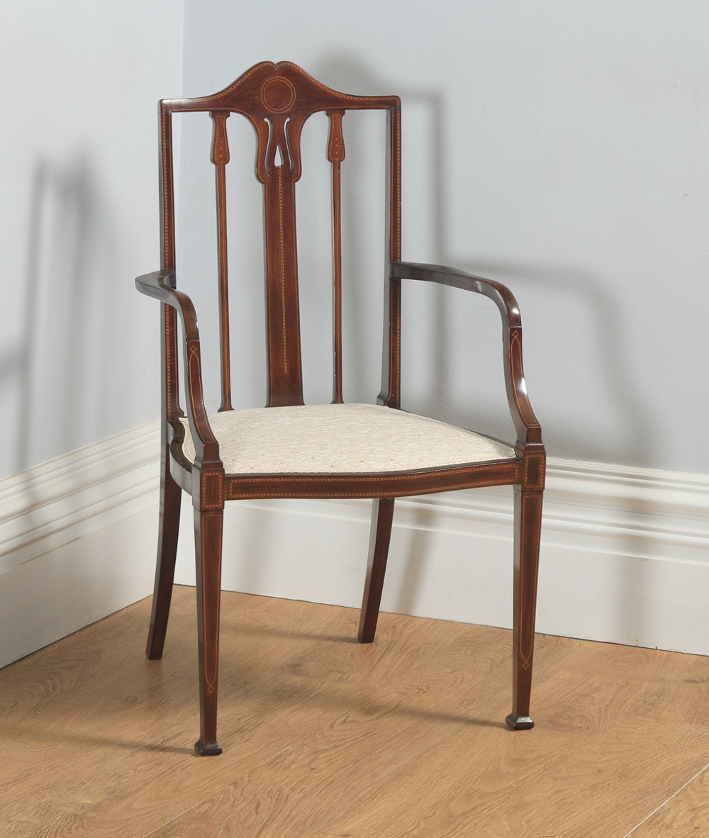Antique Edwardian Art Nouveau Inlaid Mahogany Open Salon Elbow Carver Armchair (Circa 1910)