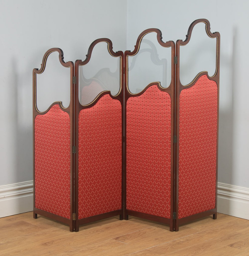 Antique English Edwardian Mahogany Upholstered Four-Fold Panel Dressing Screen Divider (Circa 1910)