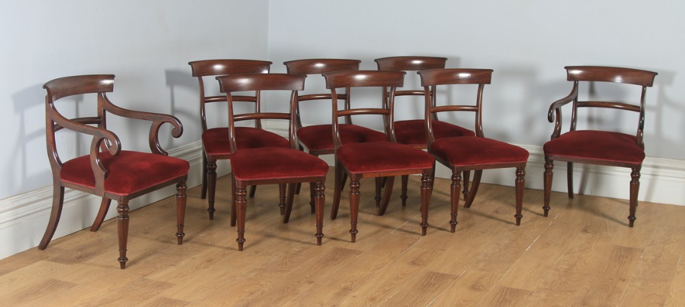 Antique English Set of Eight 8 Georgian Regency 19th Century Mahogany Bar Back Dining Chairs (Circa 1830)