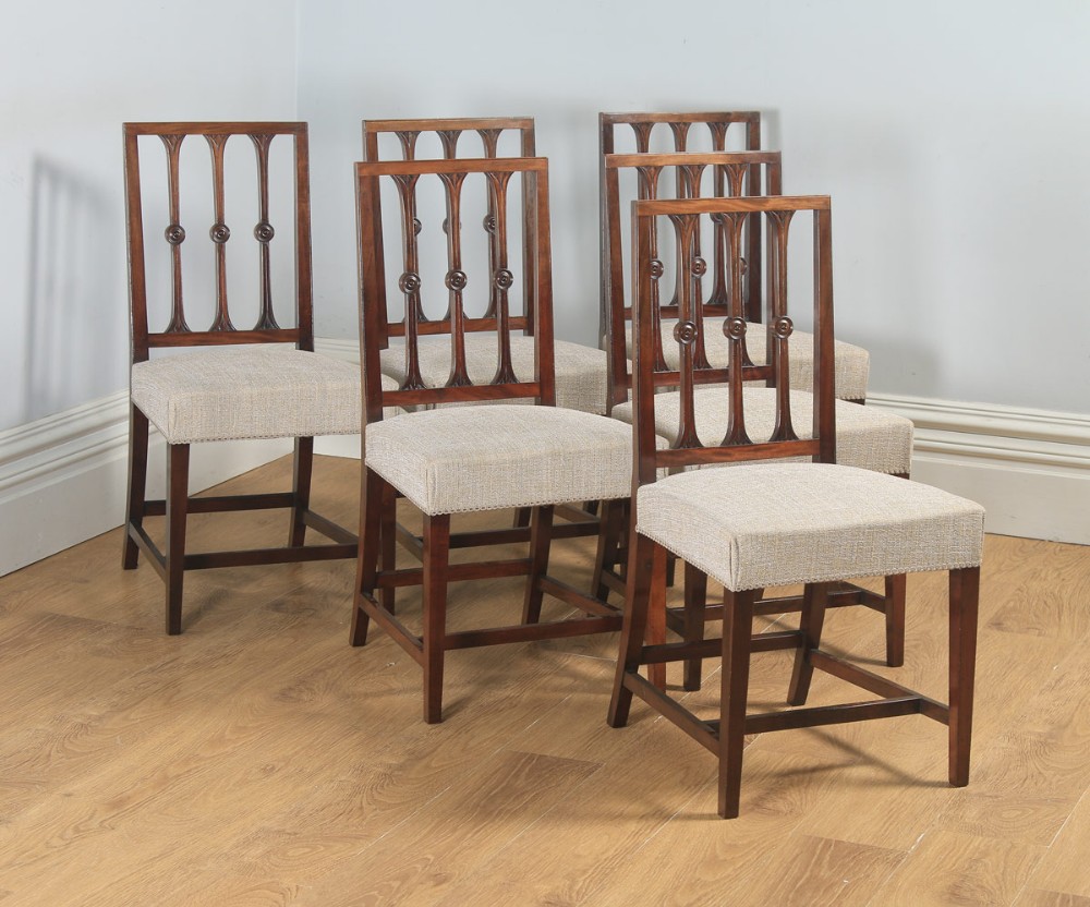 Antique English Set of Six Georgian Hepplewhite & Gothic Style Mahogany Dining Chairs (Circa 1900)