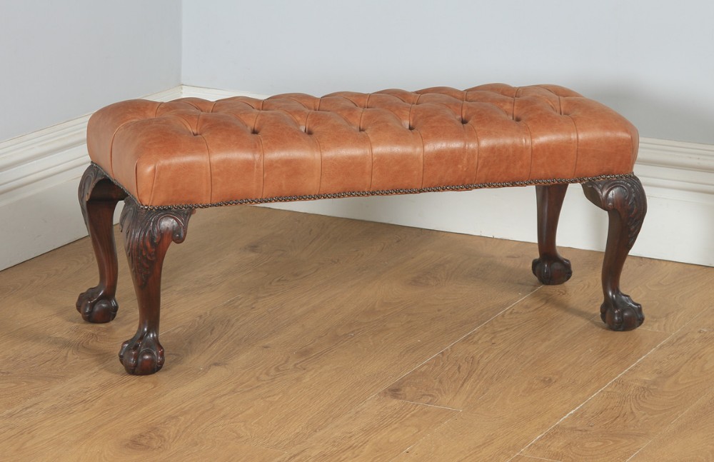 Antique English Georgian Chippendale Style Mahogany & Tan Brown Buttoned Leather Ottoman Duet Stool (Circa 1880)