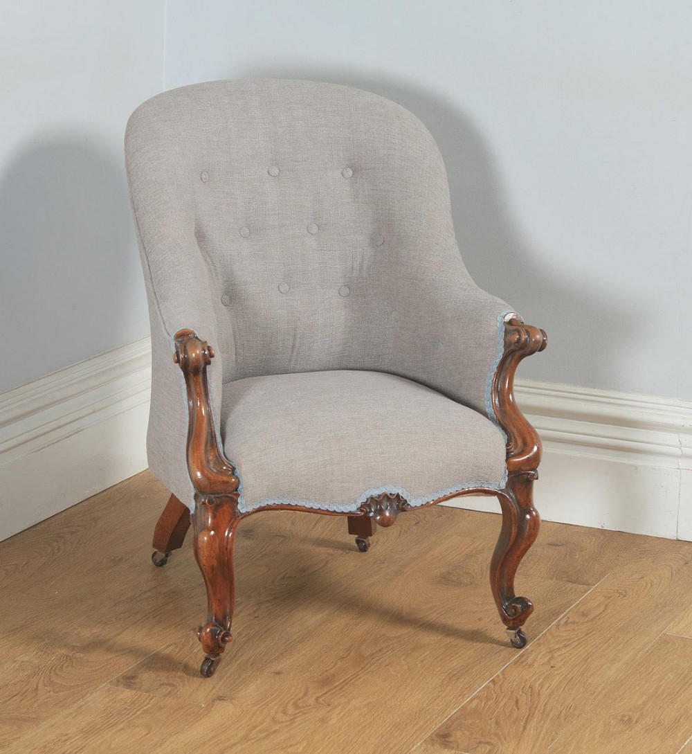 Antique English Victorian Mahogany Grey Taupe Upholstered Tub Armchair (Circa 1850)