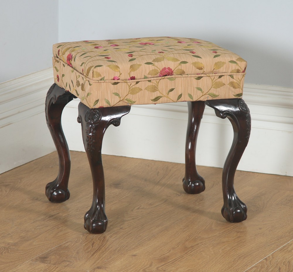 Antique English Georgian Chippendale Style Mahogany Upholstered Stool (Circa 1880)