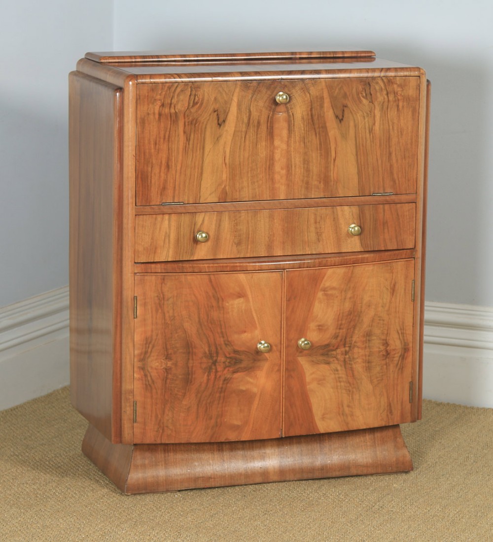 Antique English Art Deco Figured Walnut Cocktail Bow Front Cabinet by F.H. Marshall (Circa 1940)