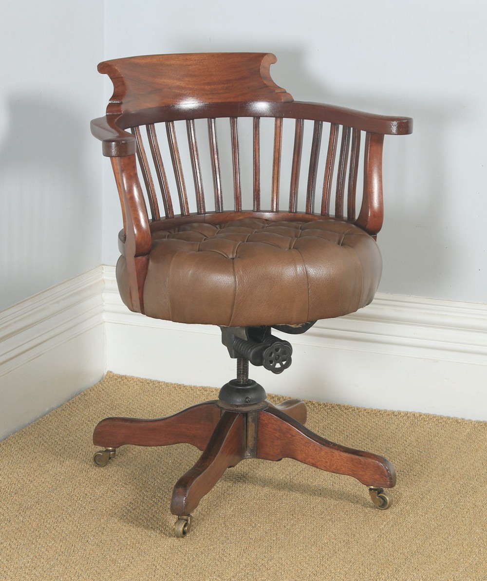 Antique English Victorian Mahogany & Tan Brown Leather Revolving Desk Arm Chair (Circa 1900)