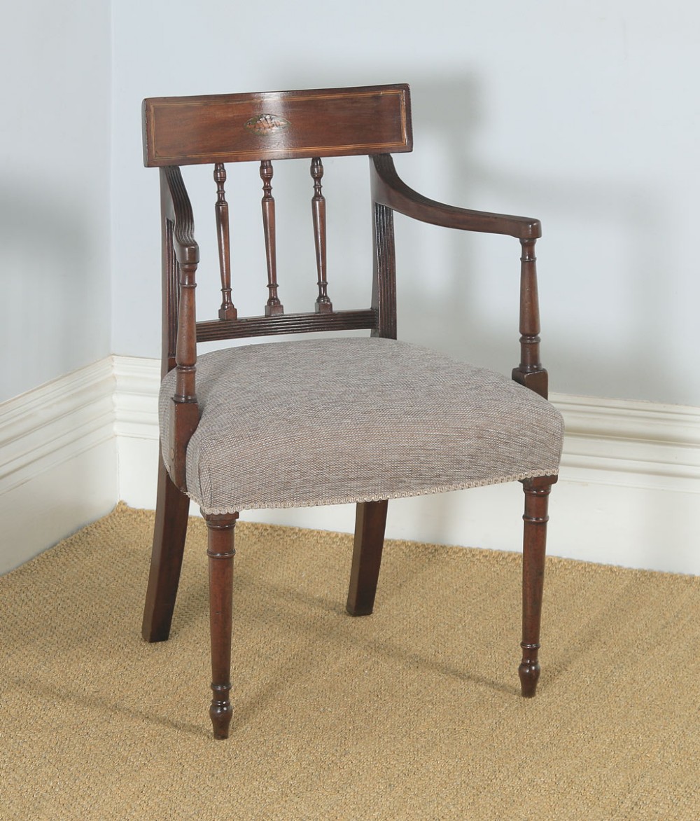 Antique English Georgian Regency Mahogany Inlaid Bar Back Elbow Desk Dining Armchair Carver (Circa 1825)