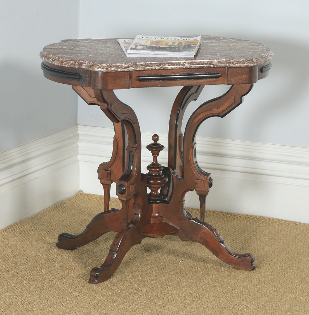 Antique English Aesthetic Teak & Marble Top Occasional Basket Base Side Table (Circa 1890)