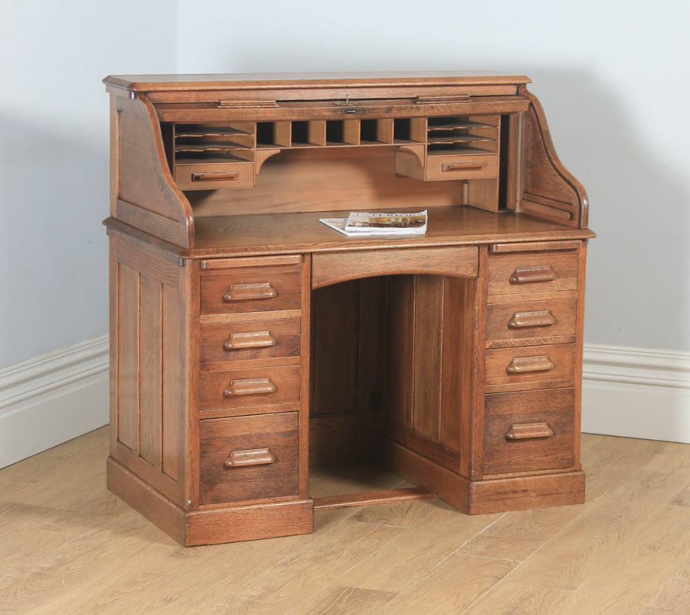 Antique English Edwardian 4ft” Solid Oak Roll Top Pedestal Office Desk (Circa 1910)