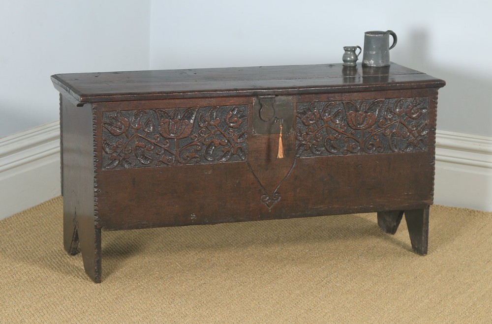 Antique English Charles I Oak Carved Six Plank Boarded Coffer Chest Blanket Box (Circa 1650)