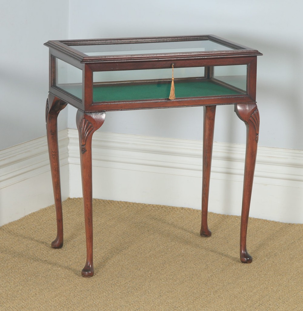 Antique Edwardian Queen Anne Style Mahogany Inlaid Glass Bijouterie Display Cabinet Table (Circa 1910)