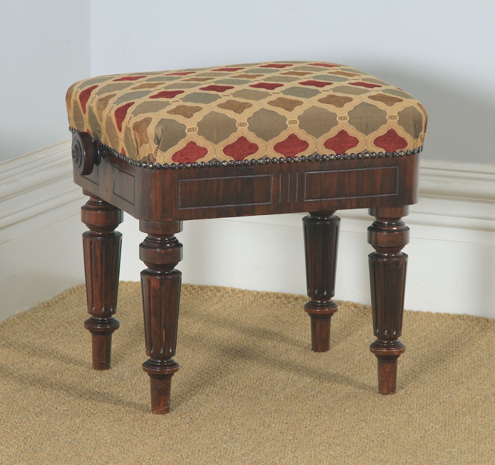 Antique English Victorian Rosewood Upholstered Rise & Fall Height Adjustable Stool (Circa 1850)