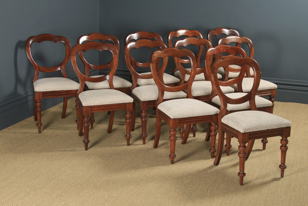 Antique English Victorian Set of 12 Twelve Mahogany Balloon Crown Back Dining Chairs (Circa 1860)