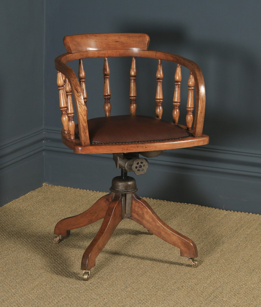 Antique English Edwardian Solid Ash & Brown Leather Revolving Office Desk Arm Chair (Circa 1910)