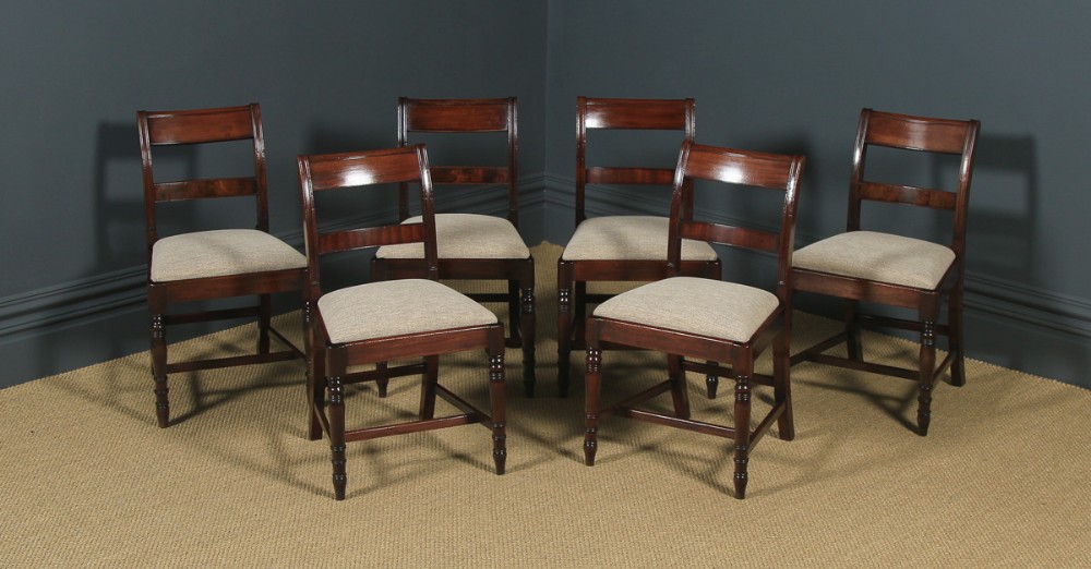 Antique English Georgian Regency Set of Six Flame Mahogany Bar Back Dining Chairs (Circa 1830)