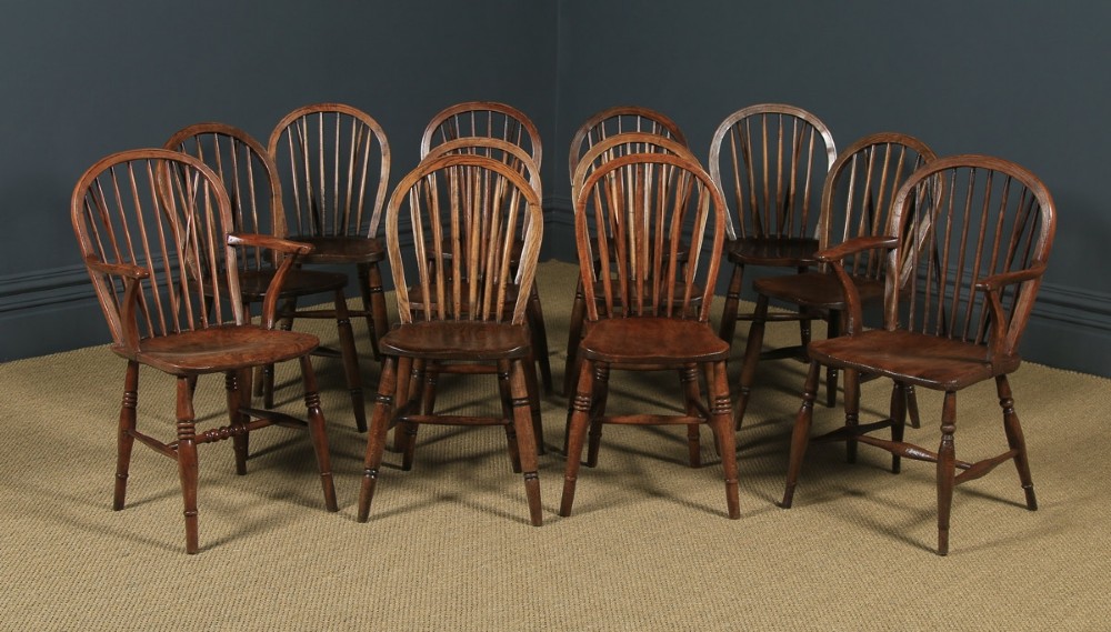 Antique English Set of 12 Twelve Victorian Ash & Elm Windsor Stick & Hoop Back Kitchen Chairs (Circa 1880 - 1920)