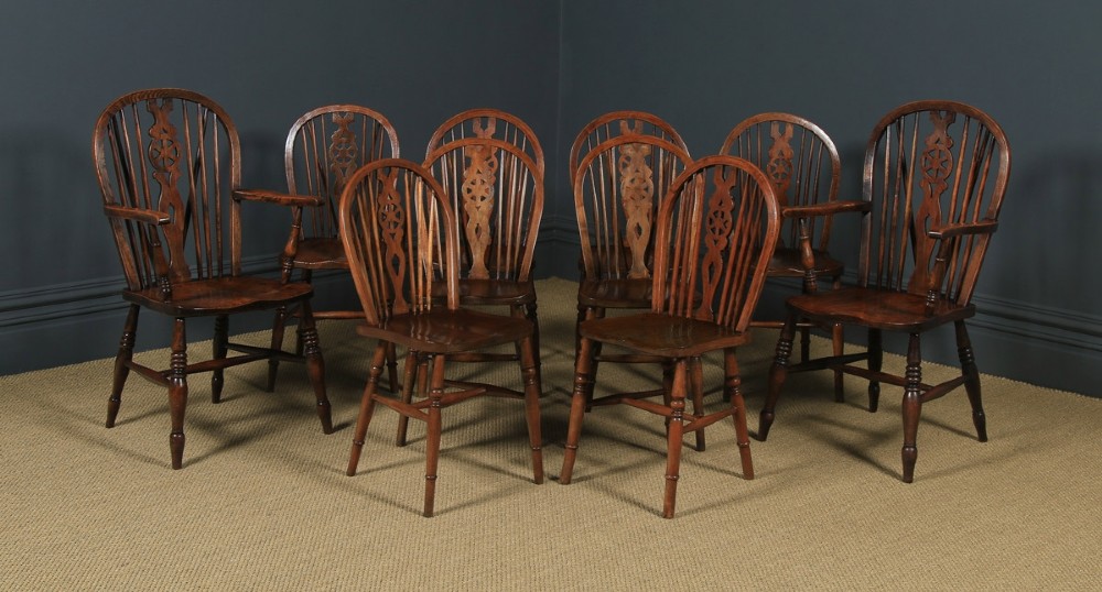 Antique English Set Of 10 Ten Ash & Elm Windsor Wheel Back Kitchen Chairs (Circa 1900 - 1930)