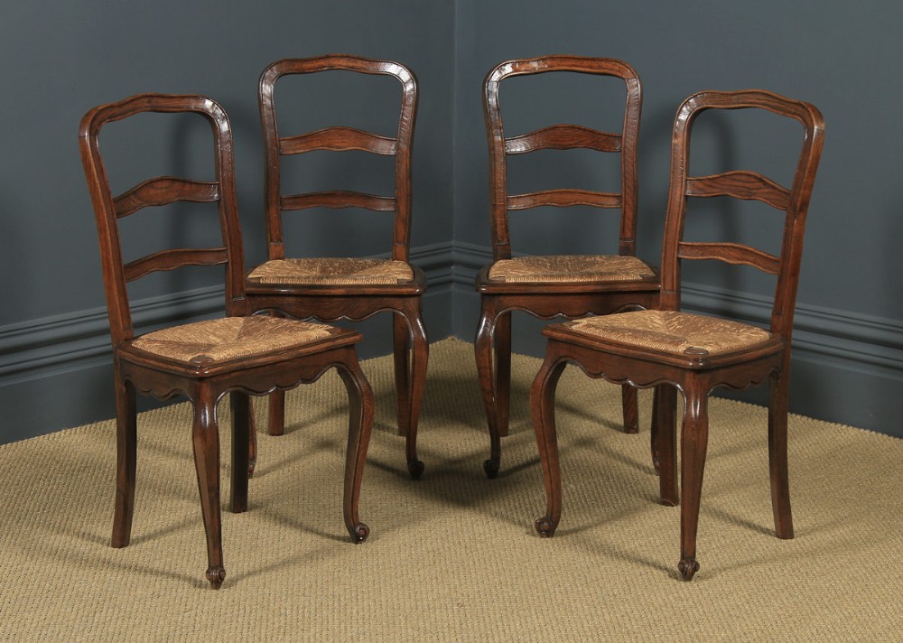 Antique French Set of 4 Four Louis XV Style Oak Ladder Back Kitchen Dining Chairs (Circa 1910)
