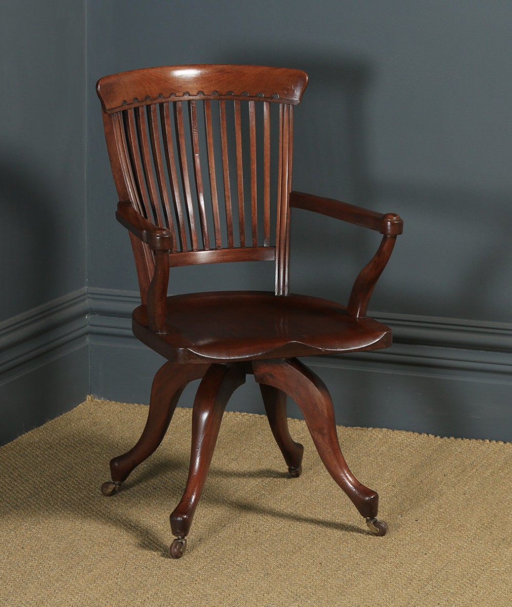 Antique English Victorian Mahogany Revolving High Back Office Desk Arm Chair (Circa 1880)