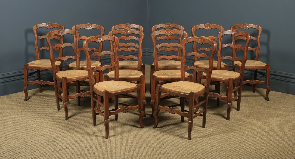 Antique French Set of 12 Twelve Louis XV Style Oak Ladder Back Kitchen Dining Chairs (Circa 1920)