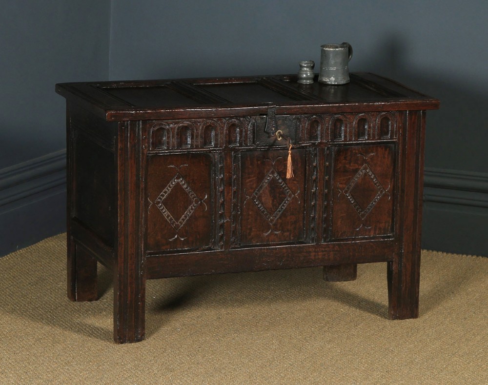 Antique English Charles II Oak Carved Triple Panel Coffer Chest Blanket Box (Circa 1670)