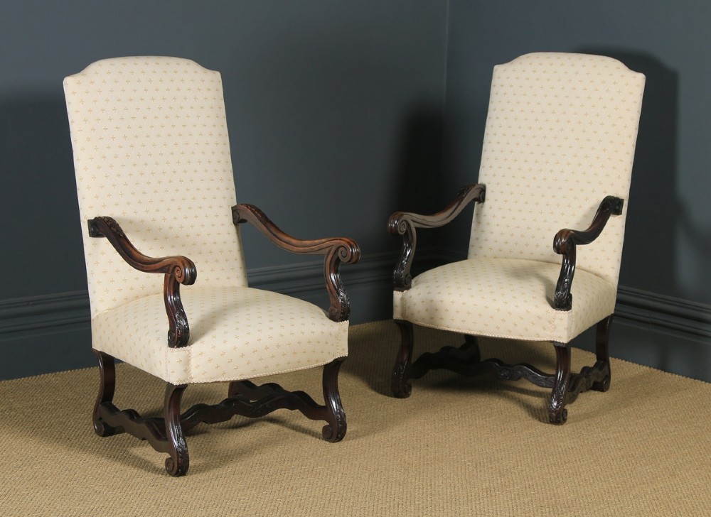 Antique French Pair of Solid Walnut Fauteuil Upholstered Armchairs (Circa 1880)