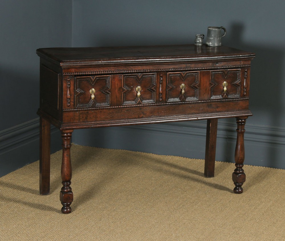 Antique English Victorian Jacobean Style Oak Geometric Dresser Base Sideboard (Circa 1880)
