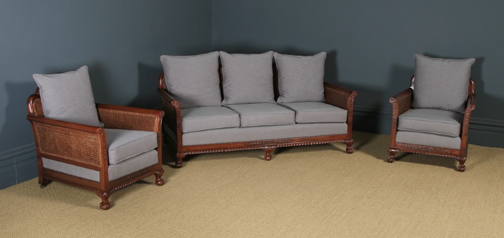 Antique English Edwardian Chippendale Style Three Piece Mahogany & Cane Bergere Couch Settee Sofa Lounge Suite By J. S. Kinsey (Circa 1910)