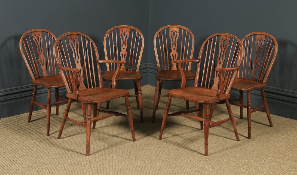 Antique English Set of Six 6 Ash & Elm Windsor Wheel & Fiddle Stick Back Kitchen Dining Chairs (Circa 1840)