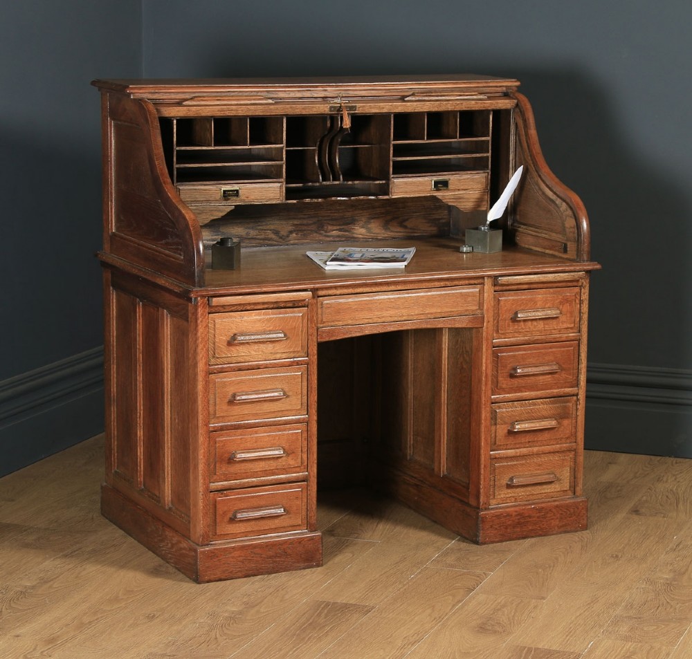 Antique English Edwardian 4ft” Solid Oak Roll Top Pedestal Office Desk (Circa 1910)