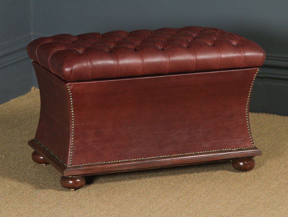 Antique English Victorian Mahogany & Burgundy Red Leather Upholstered Concave Ottoman Box (Circa 1870)