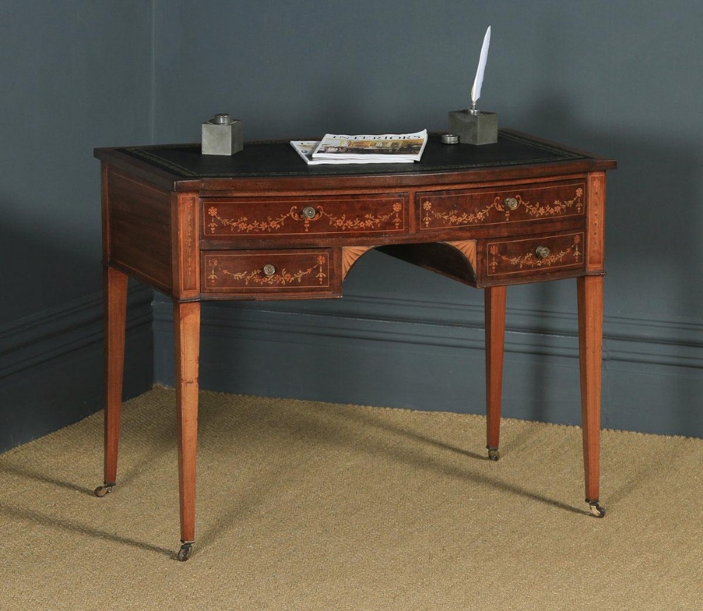 Antique Edwardian Regency Style Inlaid Mahogany & Leather Bow Front Ladies Writing Table Desk by S & H Jewell of London (Circa 1910)
